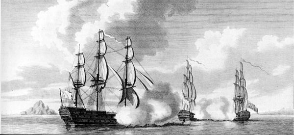 The capture of the French 64-gun ships Caton and Jason by the Valiant in the Mona Passage, 19 April 1782