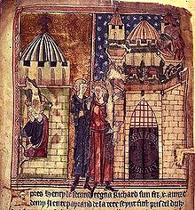 Dessin médiéval conservé à la British Library et représentant, d'un côté Richard Cœur de Lion en captivité en Allemagne et, de l'autre, Richard Cœur de Lion sous les remparts de Châlus