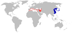 Fordeling af M. capaccinii (i rødt) og synonymet M. macrodactylus (i blåt).