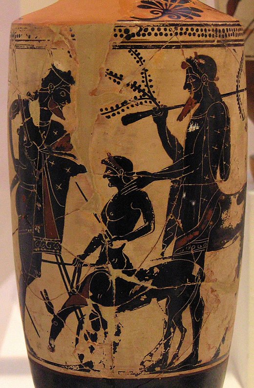Peleus vertrouwt Achilles toe aan Cheiron (lekythos met witte achtergrond, ca. 500 v.Chr., Nationaal Archeologisch Museum van Athene).