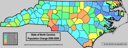 Change in population from 2000 to 2008, using census estimates. Note the large-scale area of net population loss in the inland northeastern part of the state; they contained the highest percentage of African Americans, according to the Census 2000 data; but many have left for jobs in urban areas.[2]