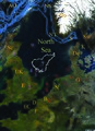 Map showing neighboring placenames, and features in the North Sea, two bathymetric projections of greater areas.