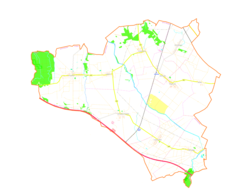 Mapa konturowa gminy Olszanka, u góry znajduje się punkt z opisem „Kościół Wniebowzięcia Najświętszej Maryi Panny”