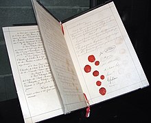 The 1864 Geneva Convention, one of the earliest formulations of international law Original Geneva Conventions.jpg
