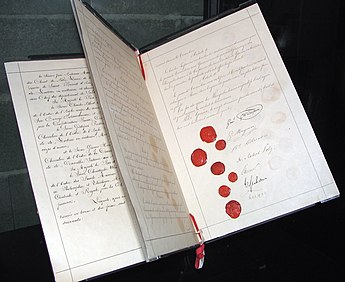 The First Geneva Convention (1864) is one of the earliest formulations of international law Original Geneva Conventions.jpg