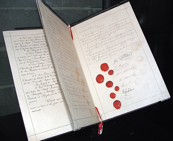 A facsimile of the signature-and-seals page of the 1864 Geneva Convention, which established humane rules of war