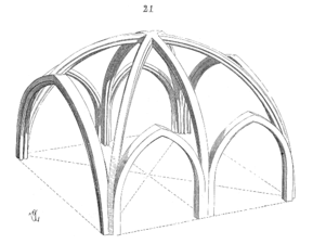 Struktura šestdelnega gotskega rebrastega oboka (risbe Eugènea Viollet-le-Duca) Šestdelni obok je lahko pokrival dve obočni poli ladje, vendar je zahteval izmenične stebre in slope, ki so podpirali razliko teže, porazdeljeno po prečnici in diagonali rebra.