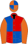 Red and royal blue (quartered), orange sleeves, orange and royal blue quartered cap