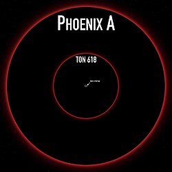 Size comparison of the event horizons of the black holes of TON 618 and Phoenix A. The orbit of Neptune (white oval) is included for comparison. Phoenix A compared to Ton 618 and the Orbit of Neptune.jpg