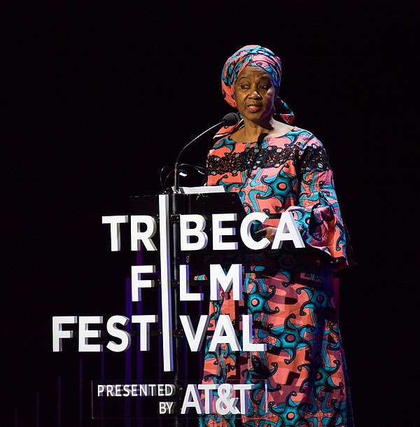 Mlambo-Ngcuka presenting at a Time's Up event on sexual harassment at the 2018 Tribeca Film Festival.