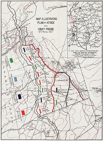 The Canadian Corps plan of attack outlining the four coloured objective lines – Black, Red, Blue and Brown