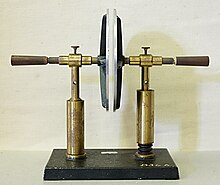 A simple demonstration capacitor made of two parallel metal plates, using an air gap as the dielectric Plattenkondensator hg.jpg