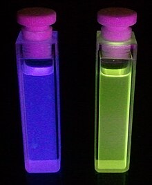 This is the photoluminescence of two very similarly structured polyfluorene derivatives. The one on the left (purple) is a copolymerization of a fluorene derivative, benzene and oxadiazole molecules and the one on the right (light green) has the structure directly below this image. Polyfluorene derivative luminescence.jpg