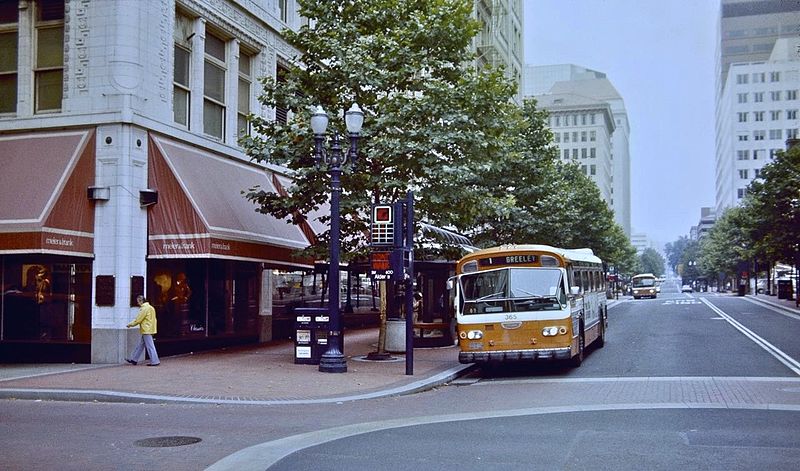 File:Portland Mall in 1982 with bus on 6th Ave next to Meier & Frank.jpg