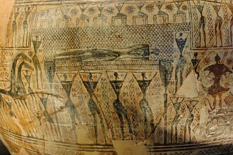Dipylon Vase of the late Geometric period, or the beginning of the Archaic period, c. 750 BC. Prothesis Dipylon Painter A517.jpg