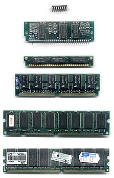 Verschillende soorten RAM. Van boven naar beneden: DIP, SIPP, SIMM 30 pin, SIMM 72 pin, DIMM, RIMM