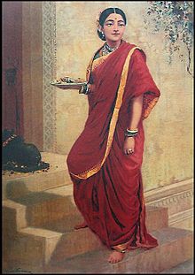Hindu lady wearing sari, one of the most ancient and popular pieces of clothing in the Indian subcontinent, painting by Raja Ravi Varma Raja Ravi Varma, Lady Going for Pooja.jpg