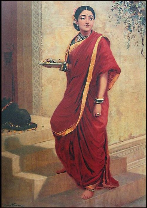 Hindu lady wearing sari, one of the most ancient and popular pieces of clothing in the Indian subcontinent, painting by Raja Ravi Varma