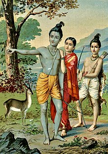Painting of goddess Rama alongside Sita and Laxman