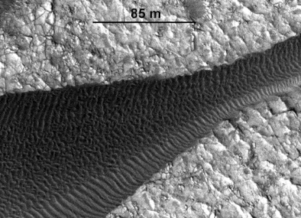 Movement of sandy features in Nili Patera dune field on Mars detected by HiRISE. Photo credit: NASA/JPL Caltech/U. Arizona/JHU-APL