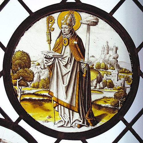 Renaissance roundel using only black or brown glass paint, and silver stain. The bishop-saint Lambrecht of Maastricht stands in an extensive landscape