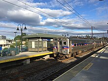 A SEPTA Regional Rail train on the Lansdale/Doylestown Line stops at the North Wales station