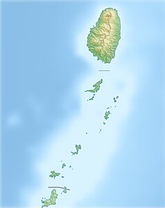 Mapa konturowa Saint Vincent i Grenadyn, na dole nieco na lewo znajduje się punkt z opisem „Mayreau”