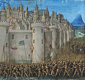 A battle scene from the First Crusade. The Crusades were a series of military campaigns which were mainly waged between European Christians and Muslims. SiegeofAntioch.jpeg