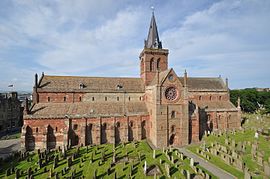 St Magnus Cathedral, Kirkwall, viewed from the Bishop's Palace.jpg