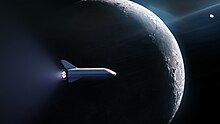 Artistic rendition of the BFS firing all 7 of its engines while passing by the Moon