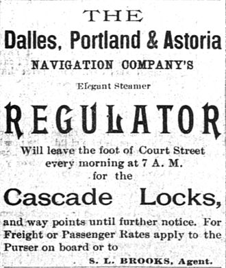 Early advertisement for Regulator, placed September 19, 1891. Steamboat Regulator ad 1891.jpg