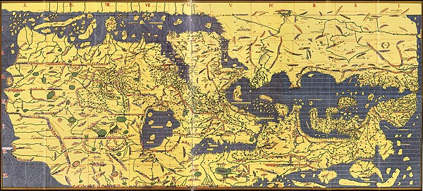 The Tabula Rogeriana, drawn by Muhammad al-Idrisi for Roger II of Sicily in 1154. Azerbaijan in the southwest of the Caspian sea. South is towards the