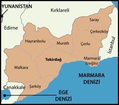 Mapa dos distritos da província de Tekirdağ