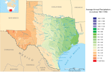 Annual precipitation across Texas ranges from more than 50 inches (1,300 mm) in the east to less than 5 inches (130 mm) in the west. Texas Precipitation Map.svg
