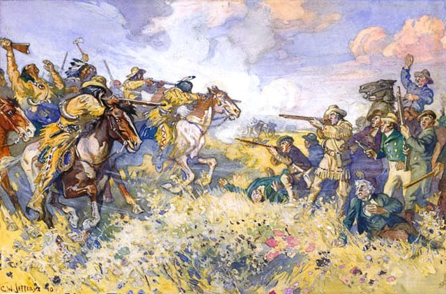 Depiction of the Battle of Seven Oaks, a violent confrontation between HBC and the North West Company during the Pemmican War