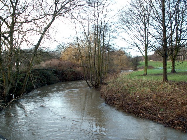 The River Dearne viewed from the bridge behind Darton Post Office.