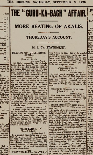 File:The Tribune newspaper article reporting on the events of the Guru-Ka-Bagh Morcha (Guru-Ka-Bagh movement) on 9 September 1922.jpg