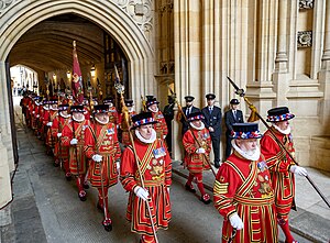 The Yeomen of the Guard on duty as the Queen's bodyguard at the State Opening of Parliament (2022). The Yeomen of the Guard.jpg