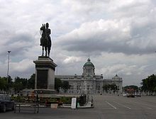 King Chulalongkorn's equestrian statue in the Royal Plaza reflects the adoption of Western ideas and designs Throne Hall, Bangkok.JPG
