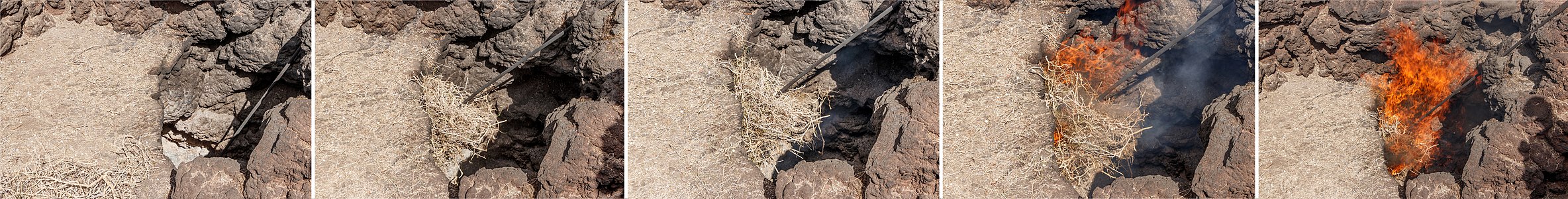 Demonstration of the high temperaturature in the ground at the Islote de Hilario, Timanfaya National Park Lanzarote