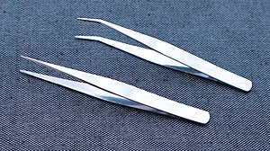 Two types of modern-day conventional metal tweezers with pointed tips Tweezers made of martensitic stainless steel JIS SUS410.jpg