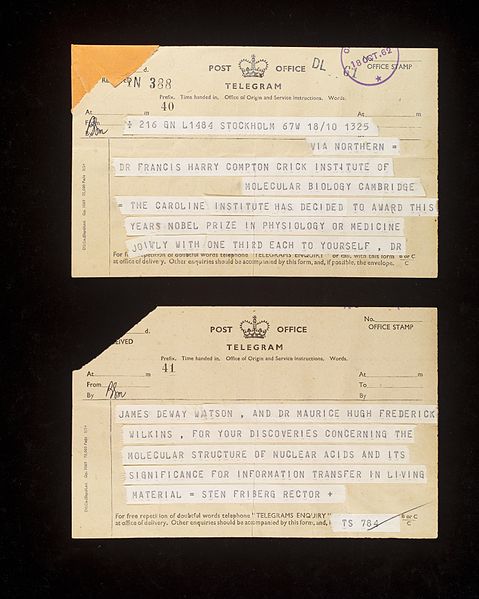 File:Two part telegram to F. Crick, reg. Nobel Prize Wellcome L0033044.jpg