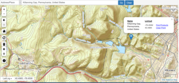 Location of Kittanning Gap after GNIS finding of Kittanning Gap, Pennsylvania seen in USGS National Map viewer screenshot. The gap is located effectively in a western suburb of Altoona. * The maps on this page also are showing the nearby PRR Horseshoe Curve which crosses three other gaps and the confluence of Kittanning Run with the indicated 'A' marker.  * The Kittanning Gap gives this 'choice way of climbing the escarpment to wagons or mule trains on the way to the west side of the Allegheny Mountains and Kittanning, Pennsylvania along the Kittanning Path. Taking a right through the gap to climb up the escarpment was a bit easier than either steep narrow creek beds straight ahead. USGS overview indicating Kittanning Gap's, Pennsylvania location near Altoona, PA and showing the PRR Horseshoe Curve.png