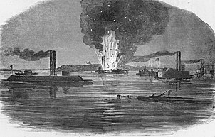 The CSS Queen of the West destroys the Indianola, there is also the Webb and the Black Terror. USS Indianola blown up.jpg
