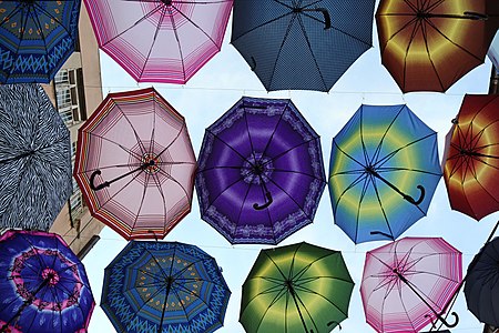 Umbrellas covering a street in the Old Bazaar of Skopje, Macedonia