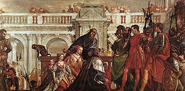 Alessandro ed Efestione entrano nella tenda della famiglia reale prigioniera di Dario III di Persia (Paolo Veronese 1565-7) - National Gallery, Londra