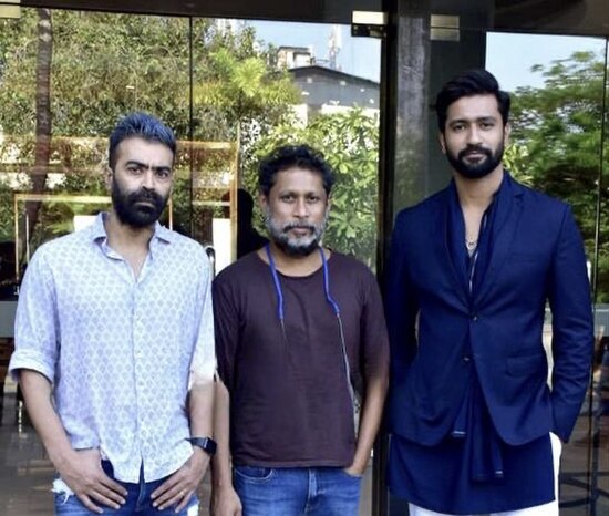 Sircar promoting Sardar Udham with Vicky Kaushal (right) and Ronnie Lahiri (left)