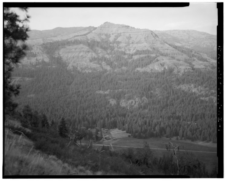 File:View of airstrip from Backbone Ridge (west ridge), looking east - The Horse Ranch, Airstrip, Eagle Cap Wilderness Area, Joseph, Wallowa County, OR HABS ORE,32-JOS.V,1AI-1.tif