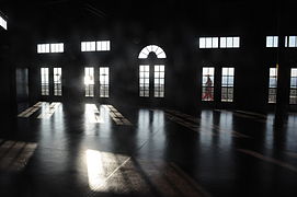 Looking through the old bathhouse to the water