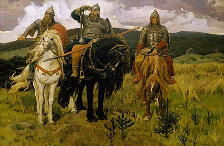Bogatyrs by Viktor Vasnetsov. The three heroes of Russian mythology: (l-r) Dobrynya Nikitich, Ilya Muromets and Alyosha Popovich
